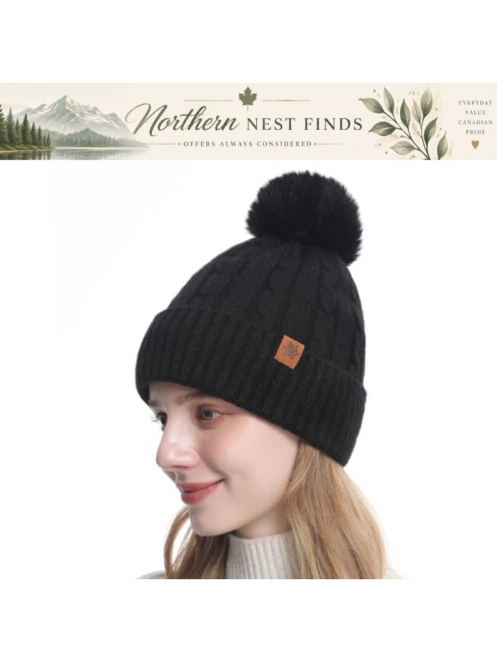 Women's Winter Knitted Beanie Hat with Plush Lining Faux Fur Pompom